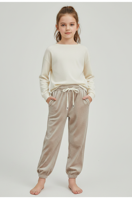 Pantalon Velours Beige Enfant Ample Décontracté Cordon