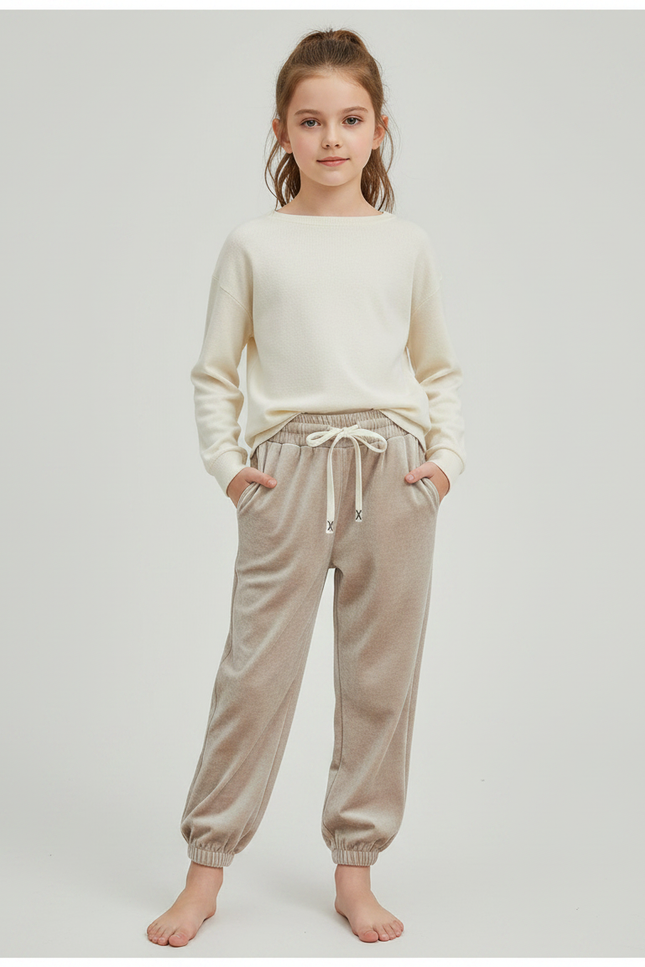 Pantalon Velours Beige Enfant Ample Décontracté Cordon