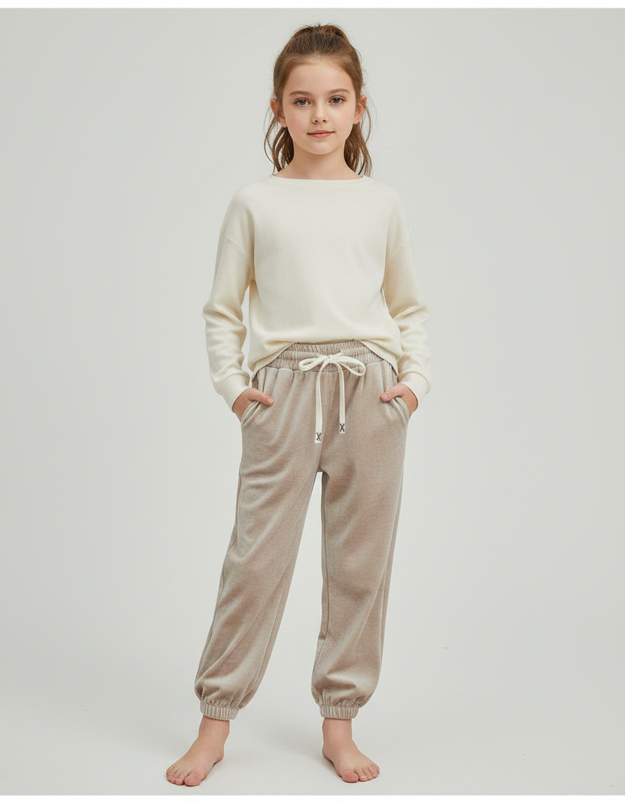 Pantalon Velours Beige Enfant Ample Décontracté Cordon