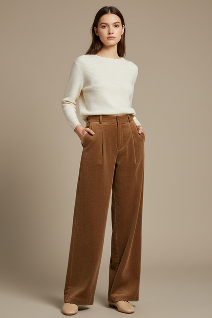 Pantalon Fluide Velours Cotelé Femme - Marron Cordé