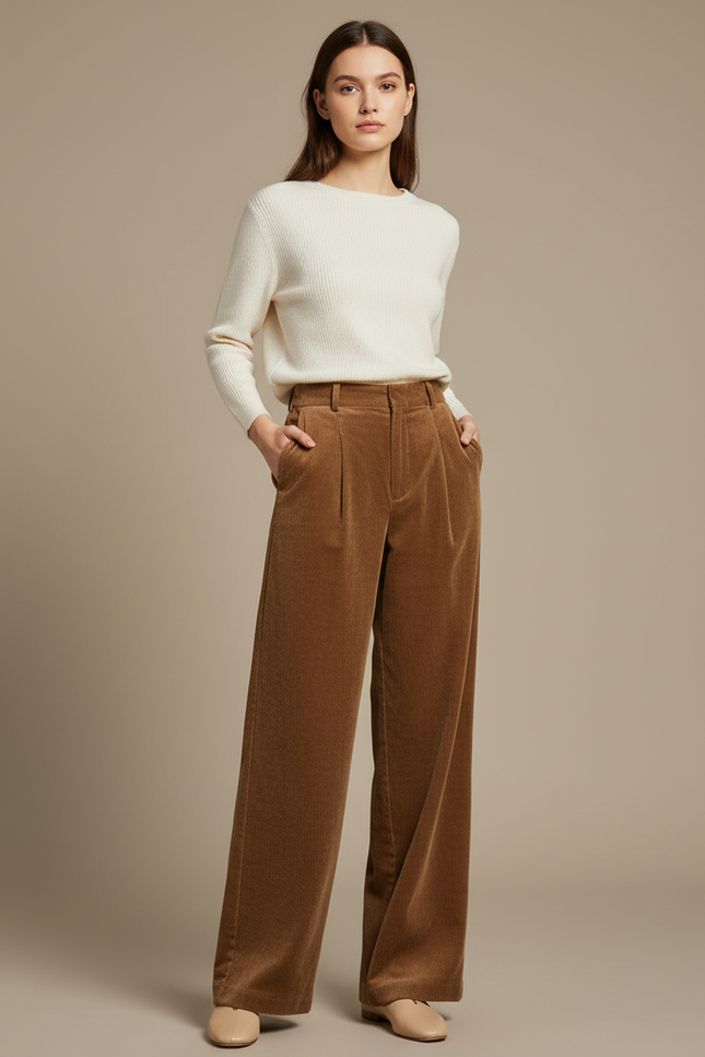 Pantalon Fluide Velours Cotelé Femme - Marron Cordé