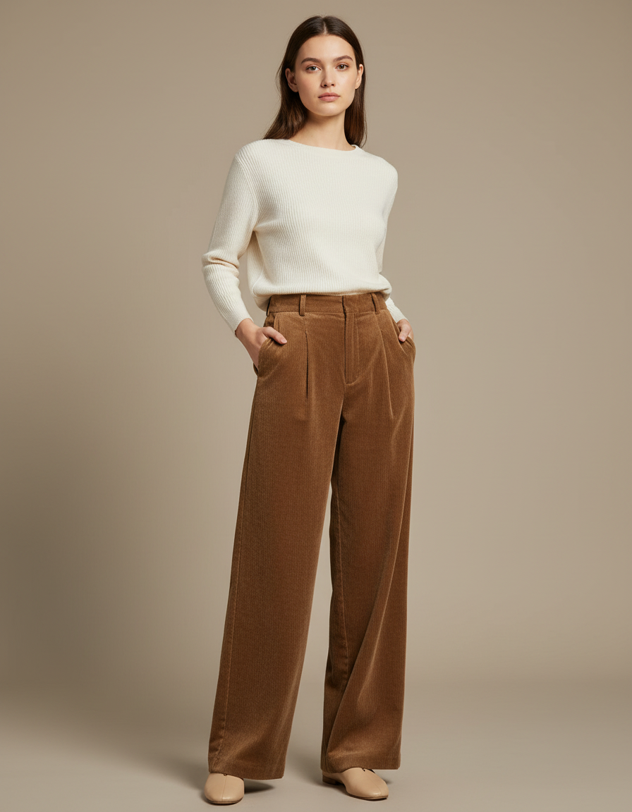 Pantalon Fluide Velours Cotelé Femme - Marron Cordé