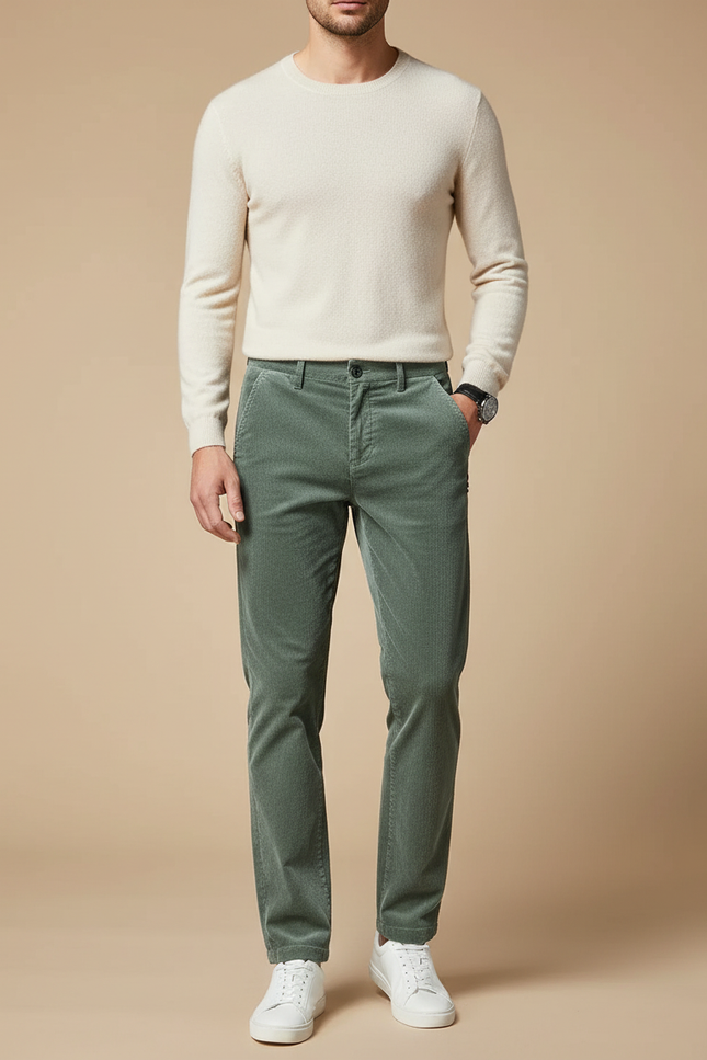 Pantalon Velours Vert Côtelé Slim Décontracté Homme