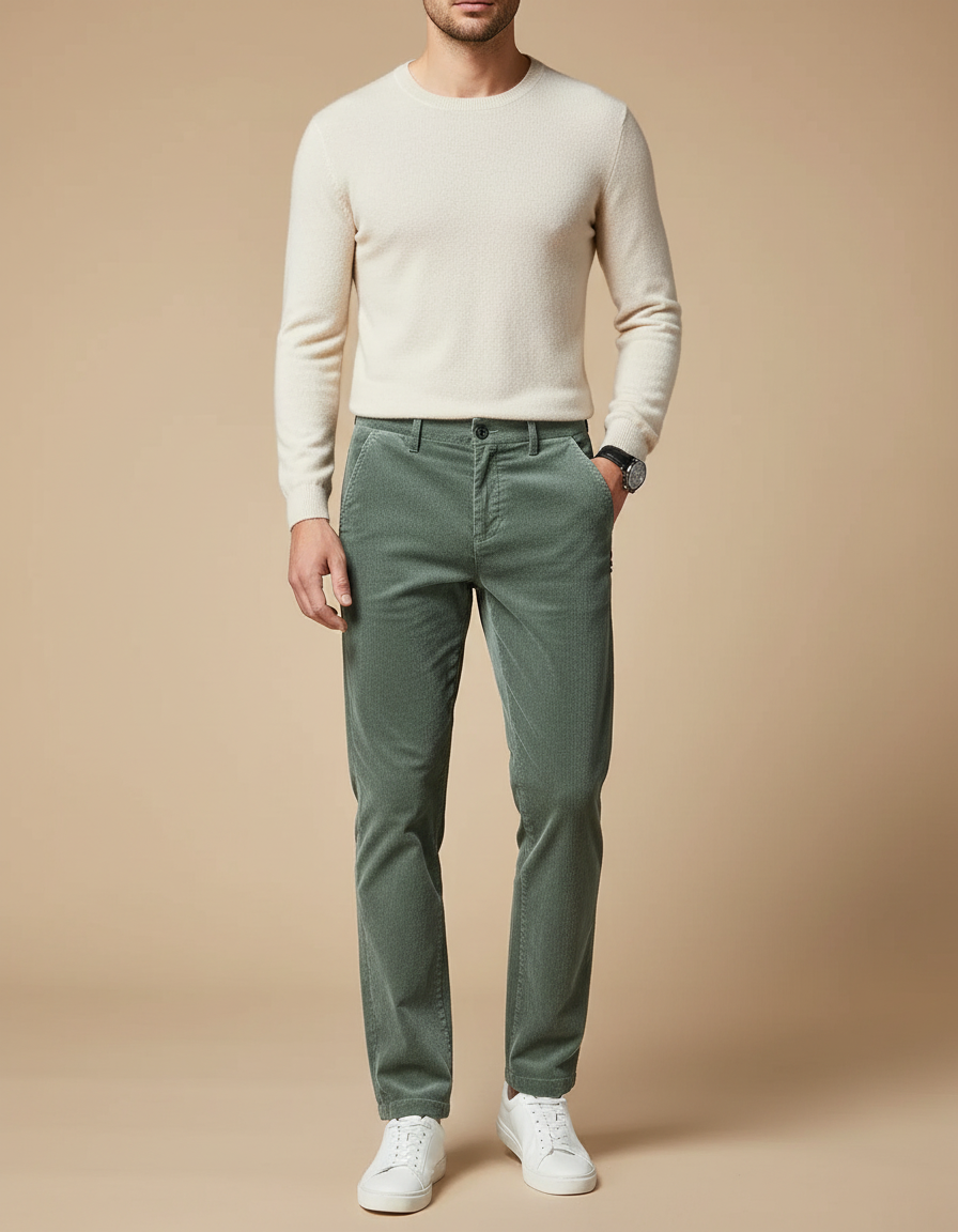 Pantalon Velours Vert Côtelé Slim Décontracté Homme