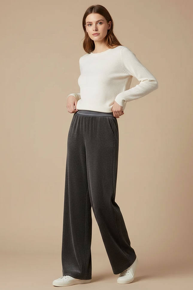 Pantalon Velours Côtelé Gris Ample Femme Confortable - Cordé