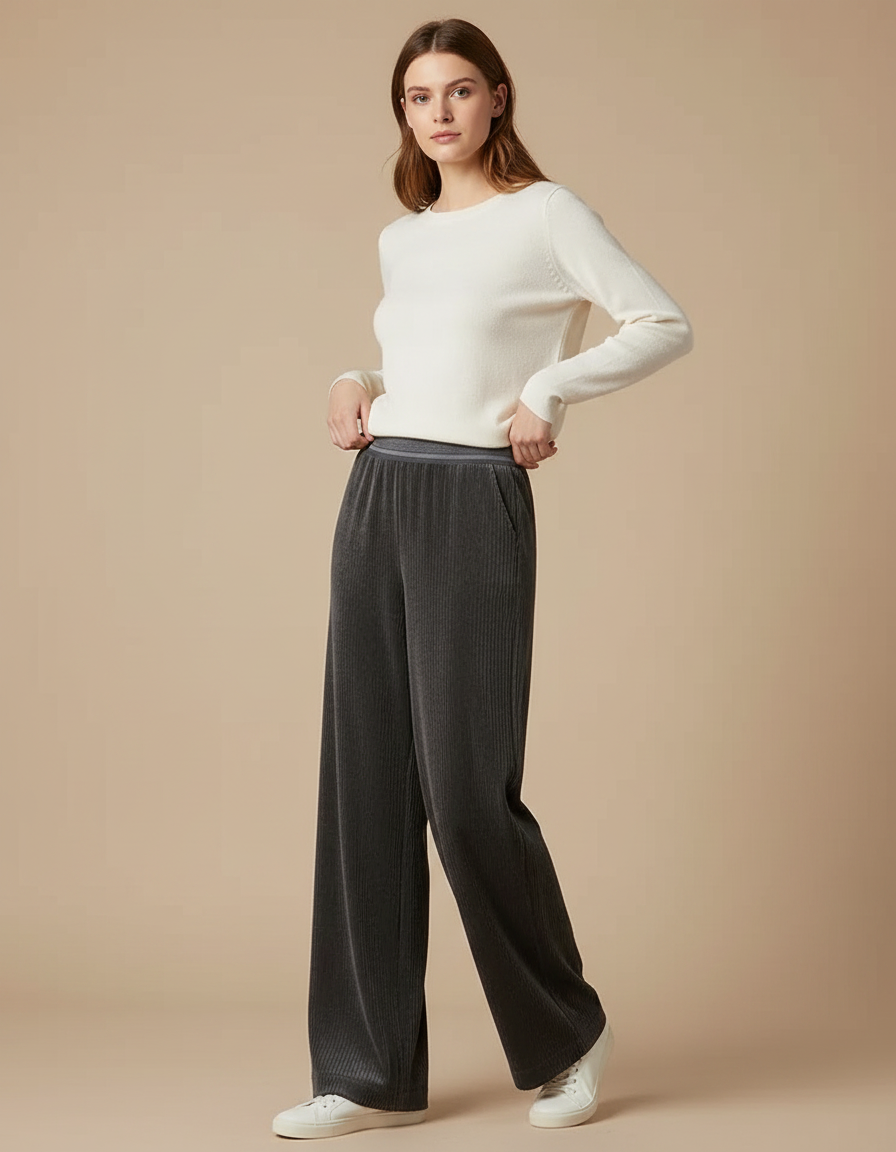 Pantalon Velours Côtelé Gris Ample Femme Confortable - Cordé