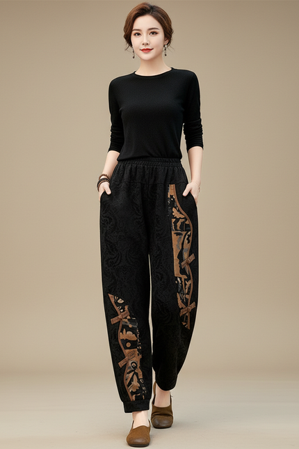 Pantalon Velours Noir Ample Motif Ethnique Confortable