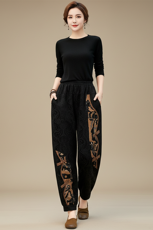 Pantalon Velours Noir Ample Motif Ethnique Confortable