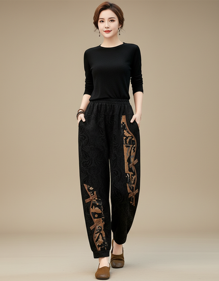 Pantalon Velours Noir Ample Motif Ethnique Confortable