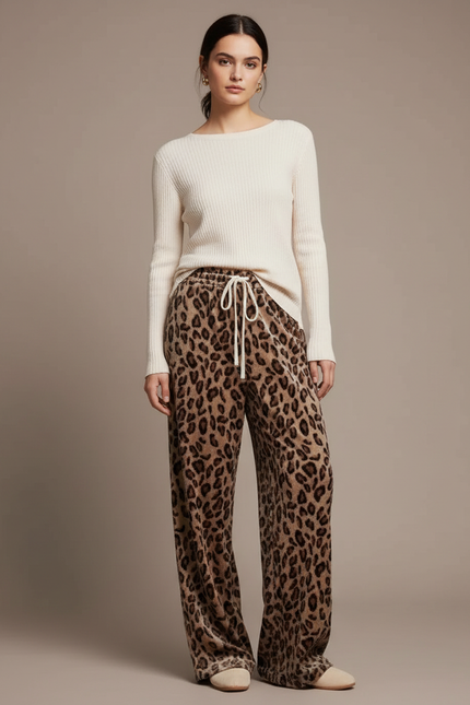 Pantalon Velours Léopard Confortable Ample Femme Hiver - Imprimé