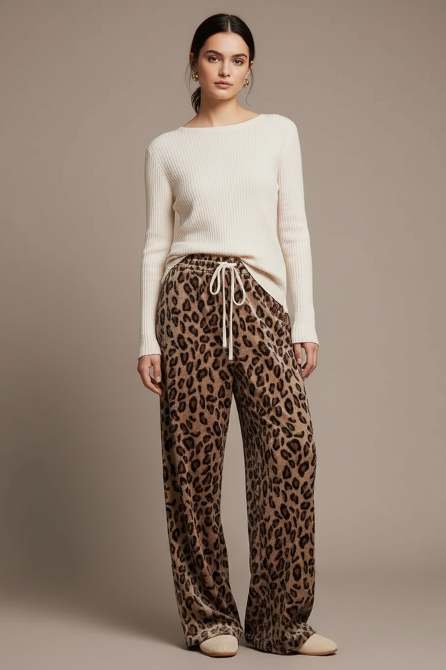 Pantalon Velours Léopard Confortable Ample Femme Hiver - Imprimé