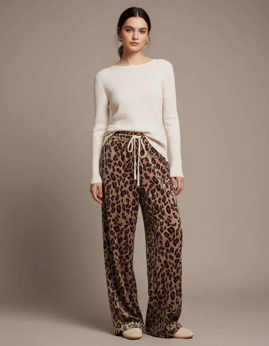 Pantalon Velours Léopard Confortable Ample Femme Hiver - Imprimé