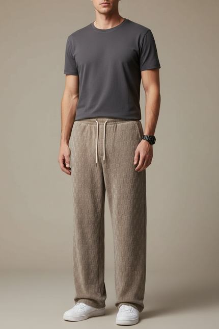 Pantalon Velours Beige Carreaux Ample Cordon Homme