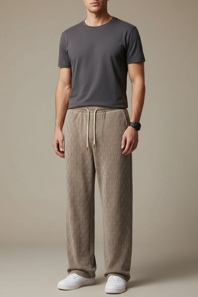 Pantalon Velours Beige Carreaux Ample Cordon Homme
