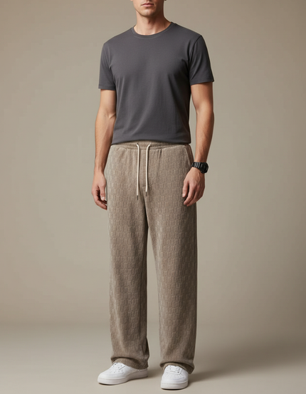 Pantalon Velours Beige Carreaux Ample Cordon Homme