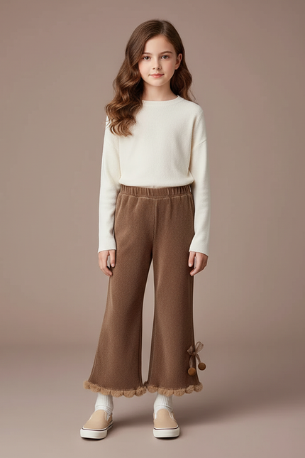 Pantalon Velours Marron Évasé Pompons Fille Hiver