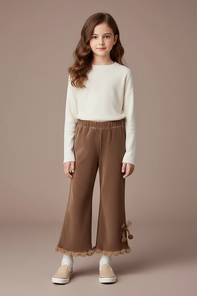 Pantalon Velours Marron Évasé Pompons Fille Hiver
