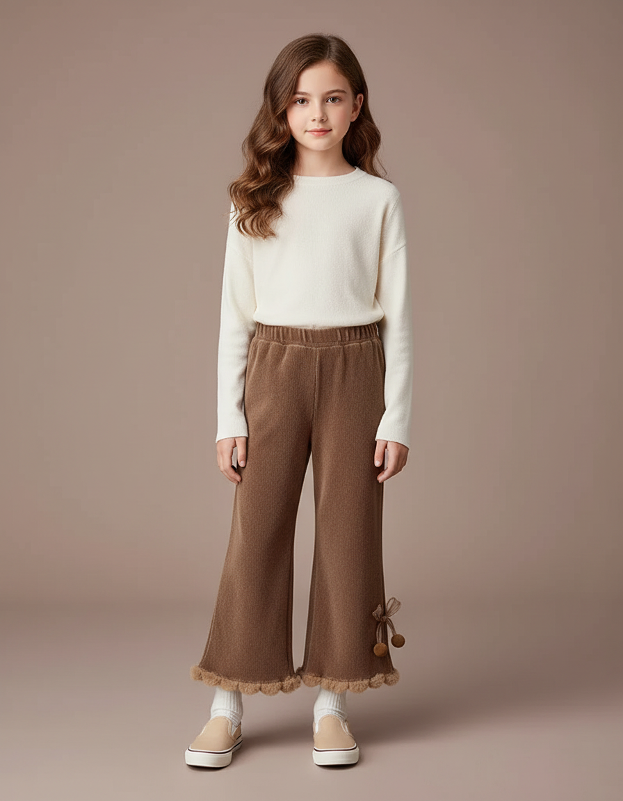 Pantalon Velours Marron Évasé Pompons Fille Hiver