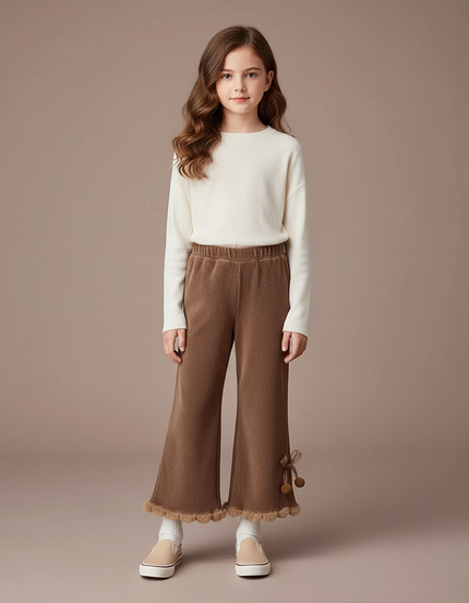 Pantalon Velours Marron Évasé Pompons Fille Hiver