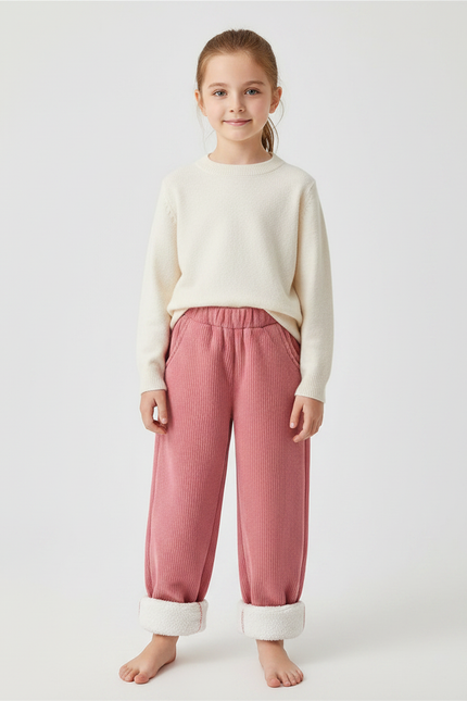 Pantalon Velours Côtelé Rose Doublé Chaud Enfant