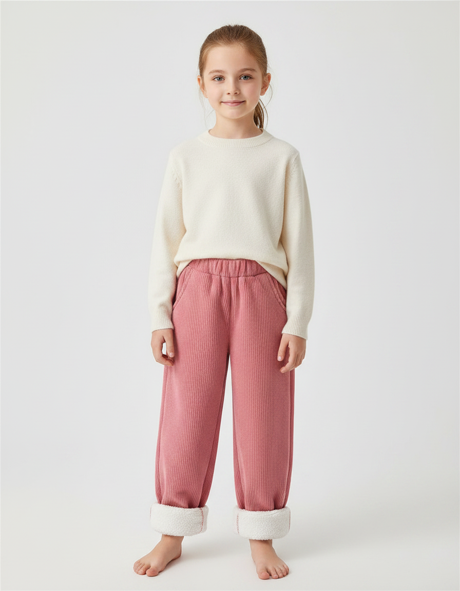 Pantalon Velours Côtelé Rose Doublé Chaud Enfant