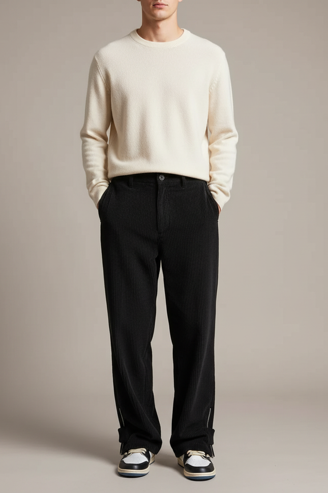 Pantalon Velours Noir Côtelé Ample Zippé - Cordé