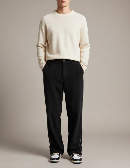 Pantalon Velours Noir Côtelé Ample Zippé - Cordé