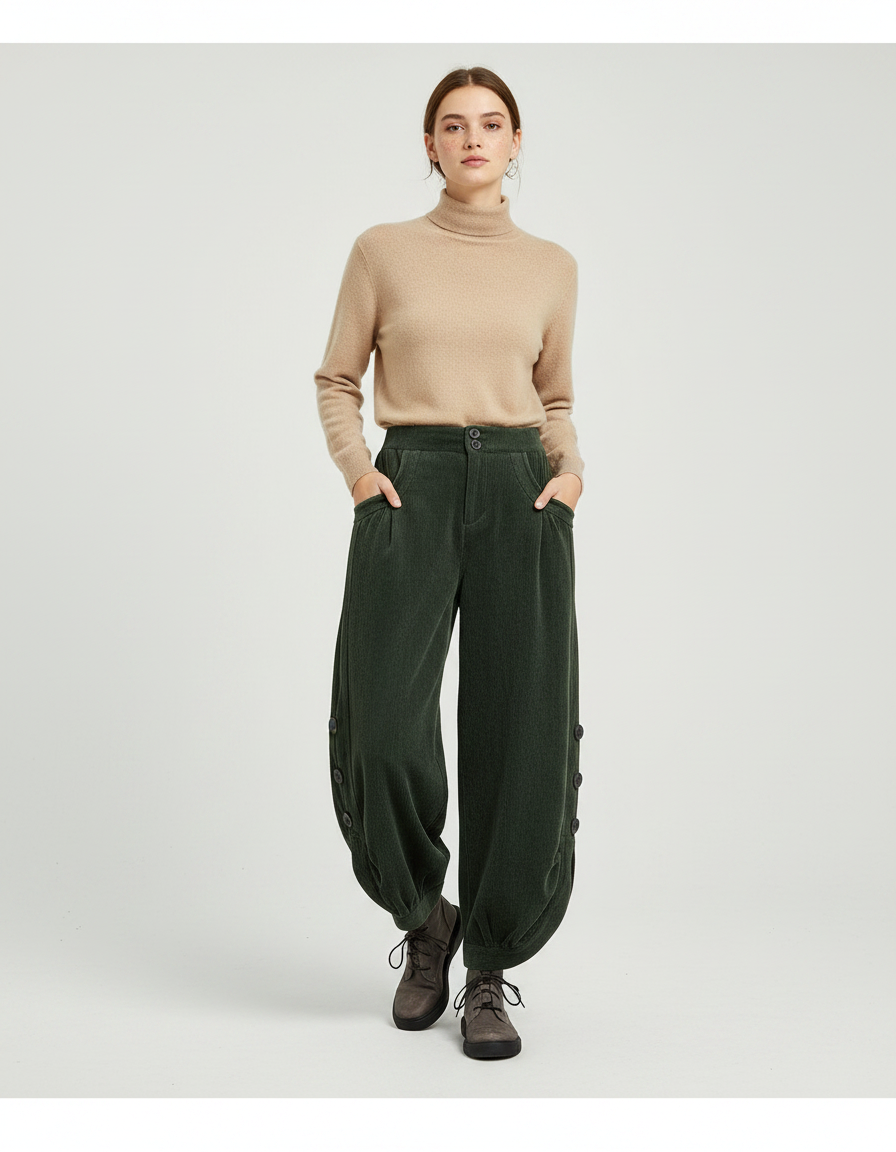 Pantalon Japonais Velours Cotelé - Vert Cordé