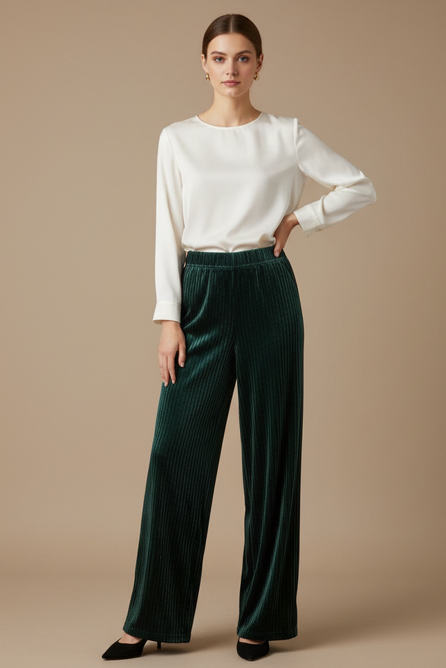 Pantalon Velours Vert Émeraude Plissé Fluide Femme