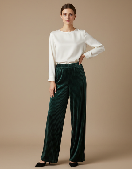 Pantalon Velours Vert Émeraude Plissé Fluide Femme