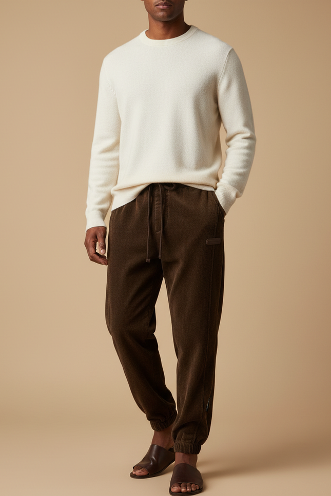 Pantalon Velours Marron Côtelé Jogger Homme Cordon - Cordé