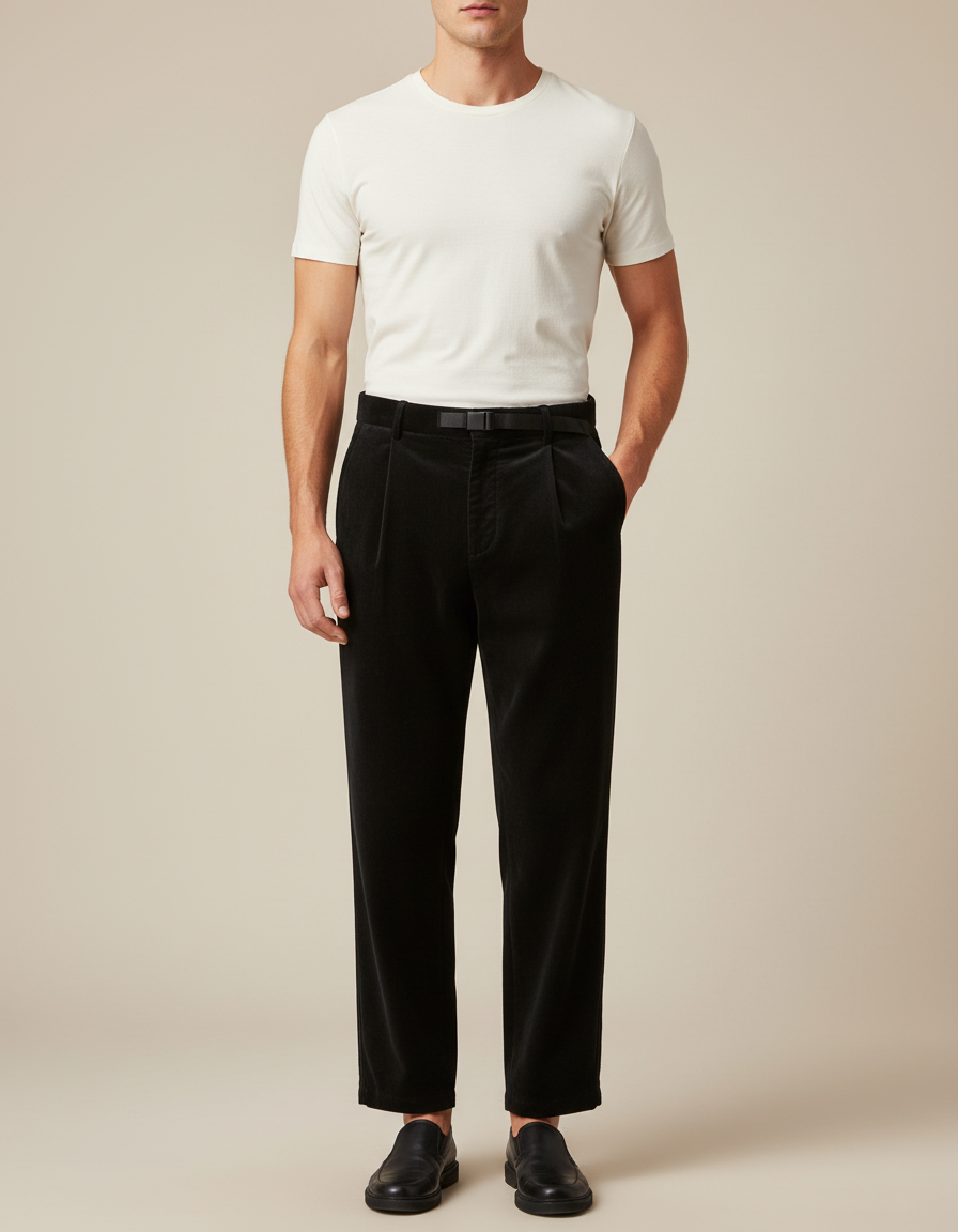Pantalon Velours Noir Coupe Droite Décontracté Homme Moderne - Cordé