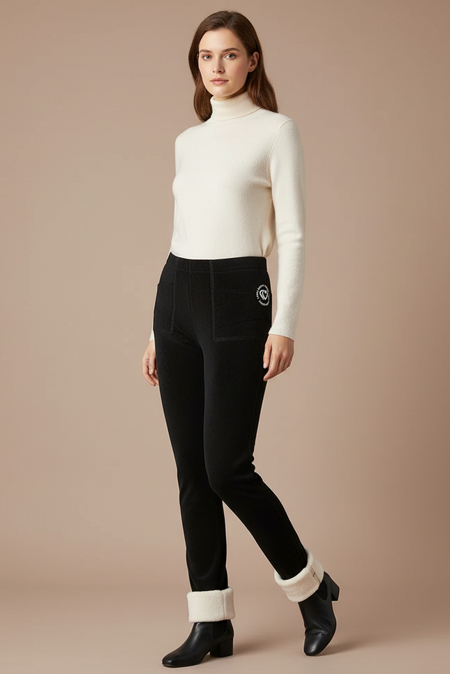 Pantalon Velours Noir Côtelé Slim Doublé Chaud Femme - Cordé