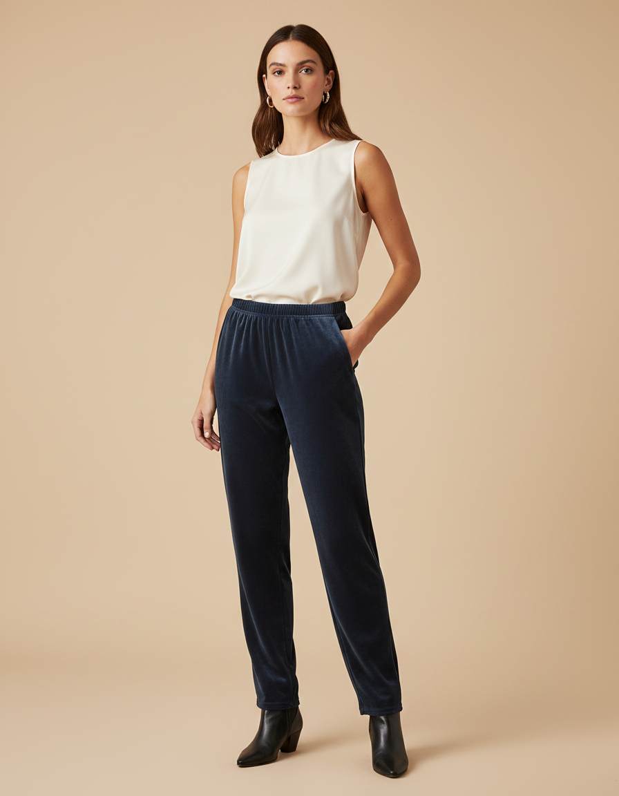 Pantalon Velours Femme Petite - Marine