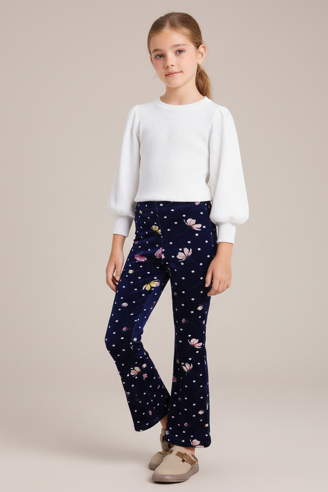 Pantalon Velours Bleu Marine Imprimé Fleurs Évasé Fille