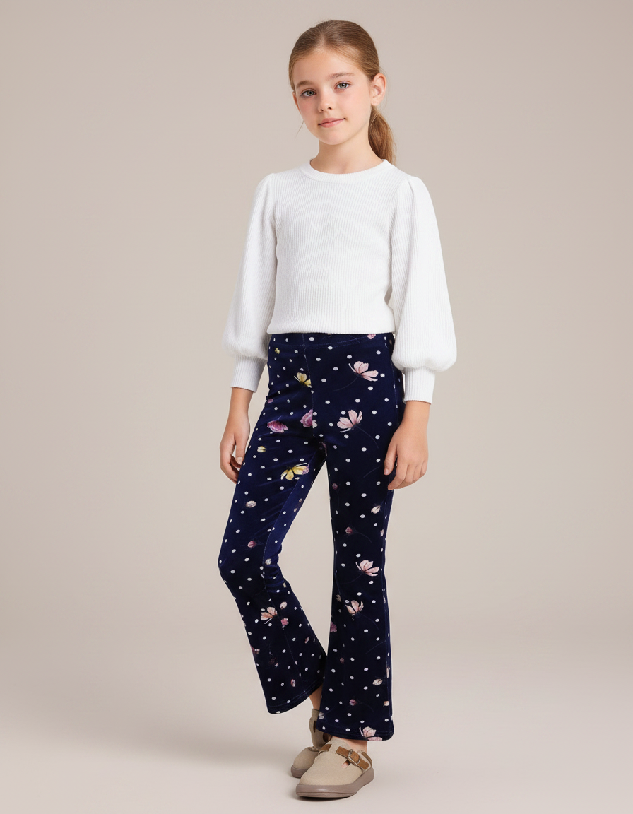 Pantalon Velours Bleu Marine Imprimé Fleurs Évasé Fille
