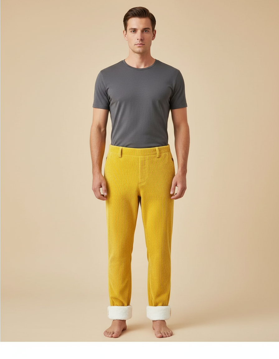 Pantalon Velours Côtelé Jaune Doublé Chaud Homme