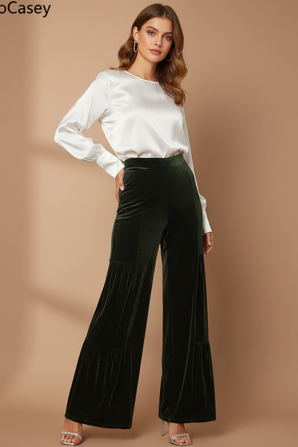 Pantalon Velours Vert Émeraude Large Élégant Femme Fluide