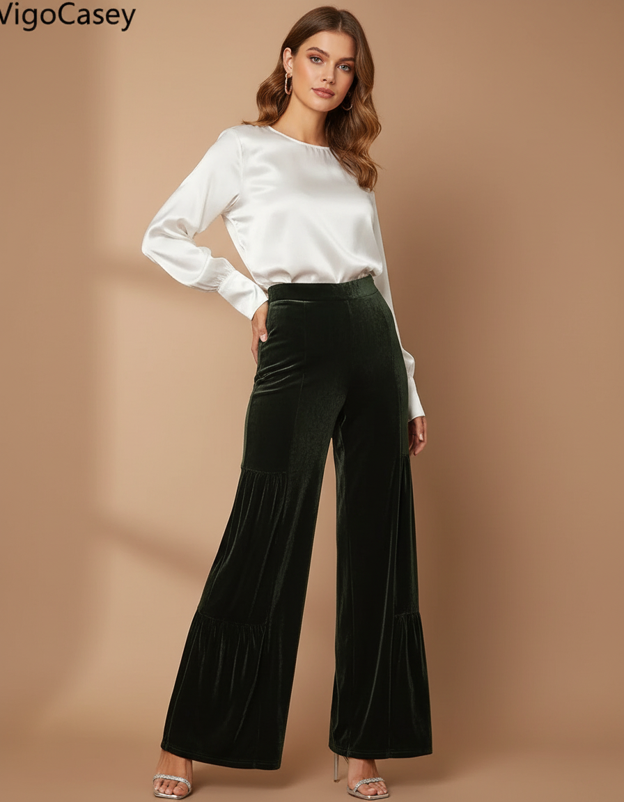 Pantalon Velours Vert Émeraude Large Élégant Femme Fluide