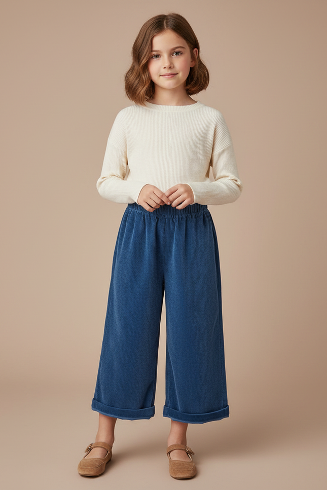 Pantalon Velours Bleu Côtelé Ample Élastique Enfant - Cordé