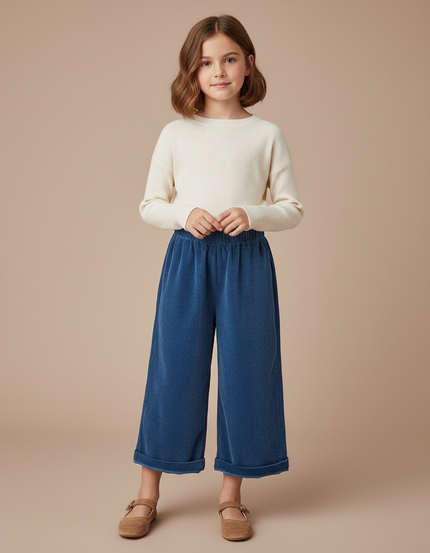 Pantalon Velours Bleu Côtelé Ample Élastique Enfant - Cordé