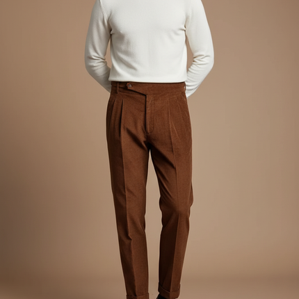 Pantalon Velours Marron Côtelé Plissé Homme Élégant