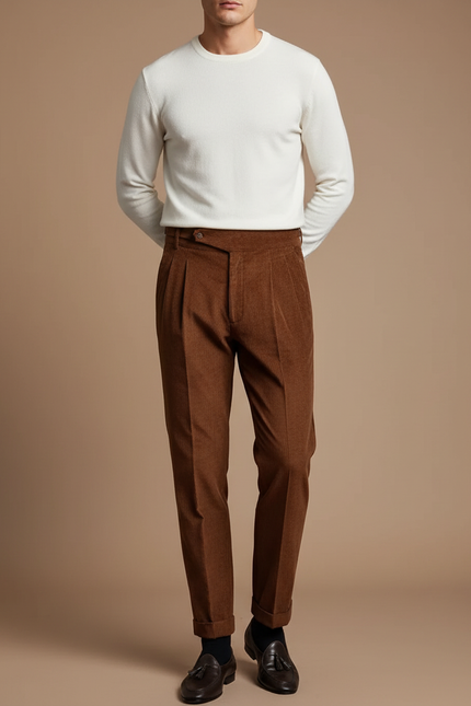 Pantalon Velours Marron Côtelé Plissé Homme Élégant