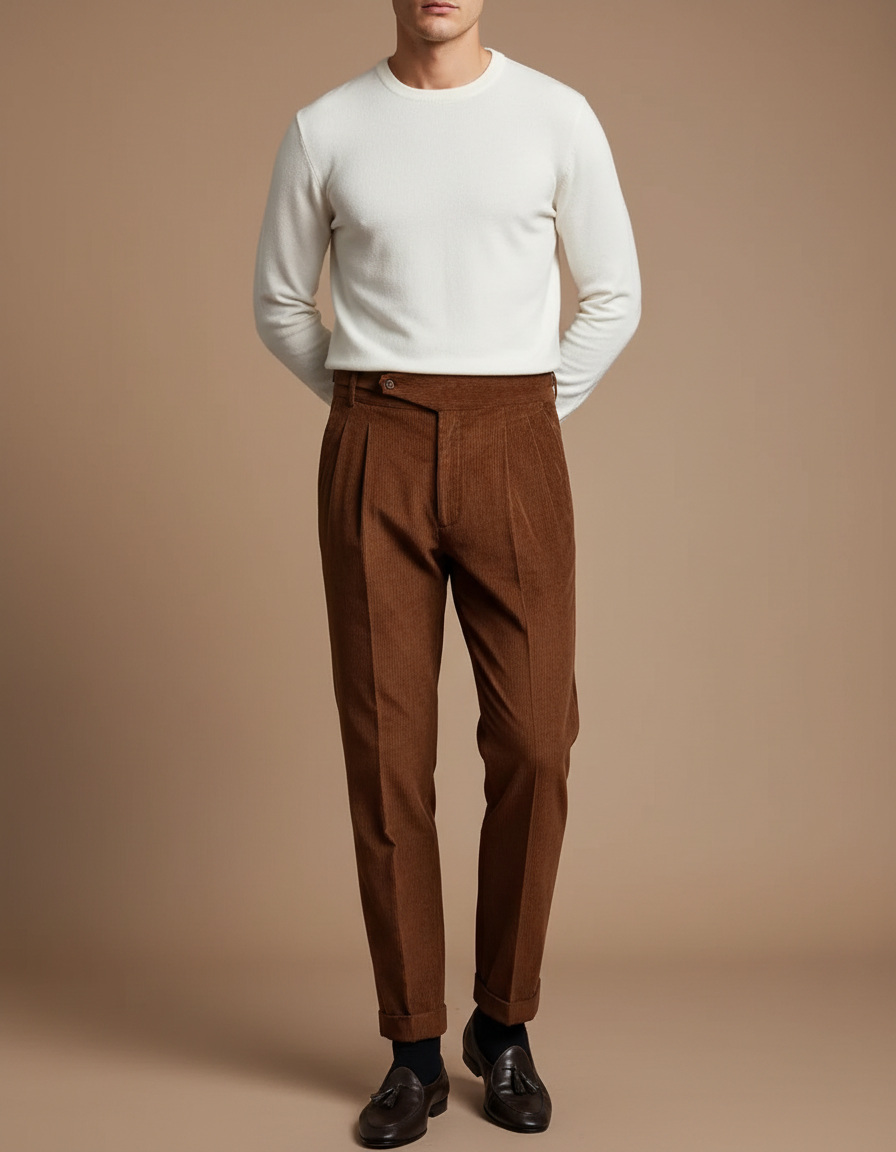 Pantalon Velours Marron Côtelé Plissé Homme Élégant