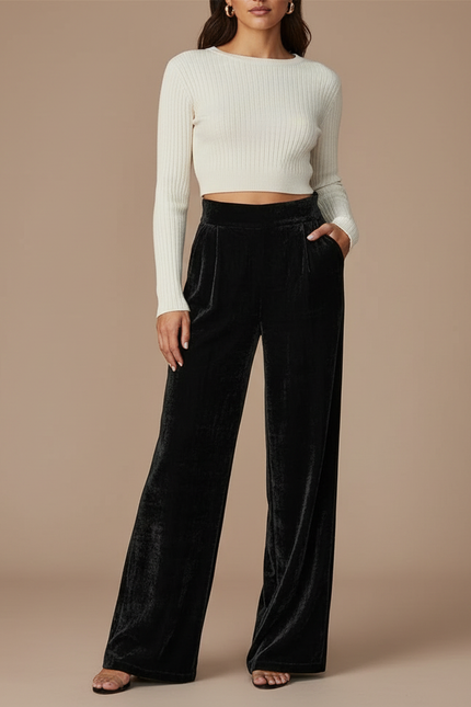Pantalon Velours Noir Ample Évasé Taille Haute
