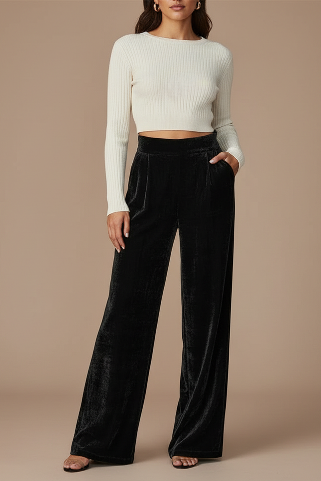 Pantalon Velours Noir Ample Évasé Taille Haute