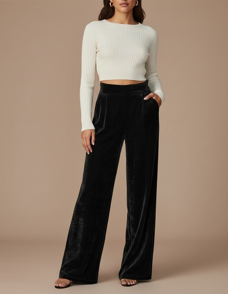 Pantalon Velours Noir Ample Évasé Taille Haute