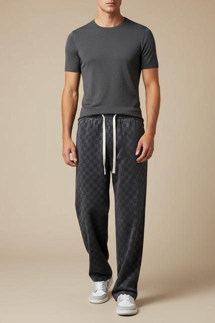 Pantalon Velours Carreaux Gris Ample Décontracté