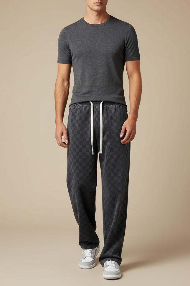 Pantalon Velours Carreaux Gris Ample Décontracté
