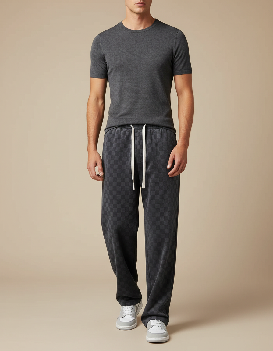 Pantalon Velours Carreaux Gris Ample Décontracté